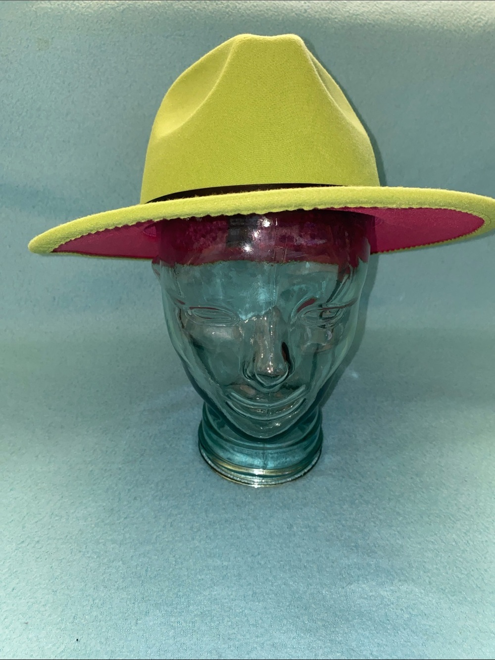 UNBRANDED Wide brim fedora felt two-tone lime green pink black hatband size OSFA